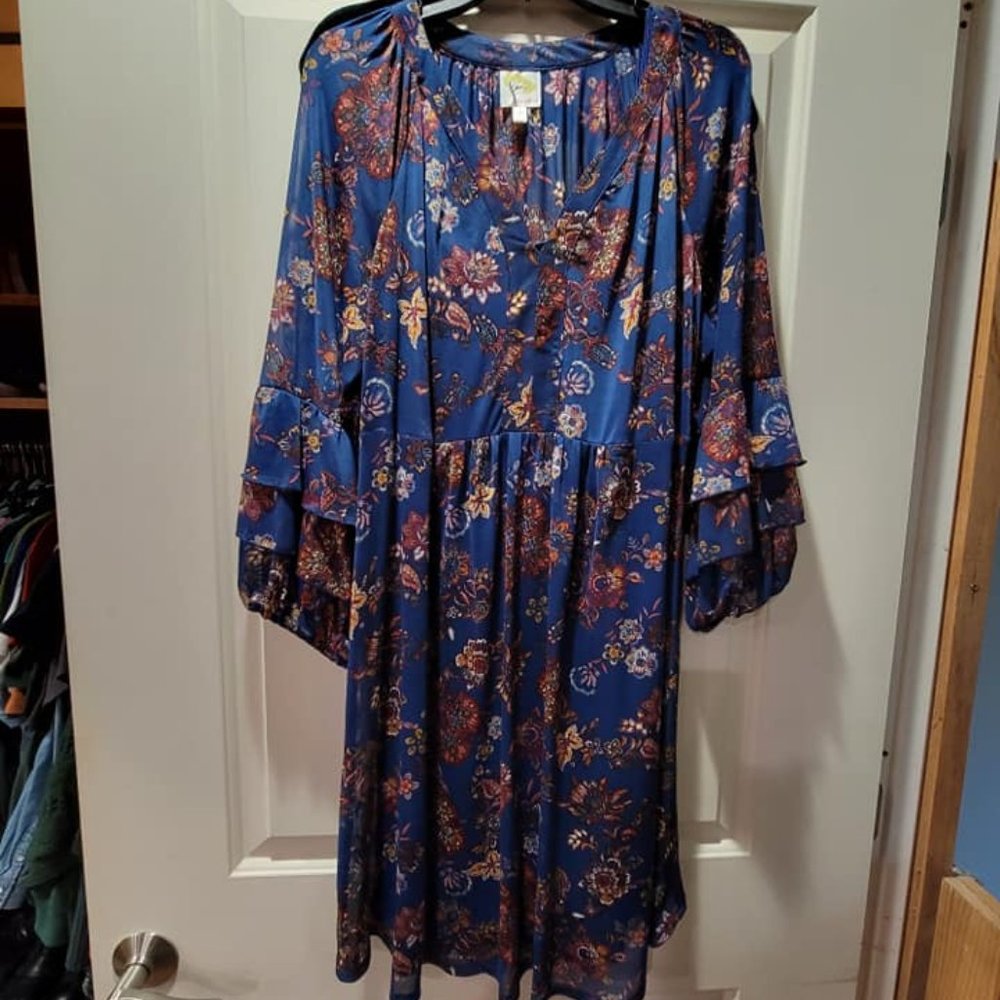 Fig & Flower Boho Floral Blue Dress Size L